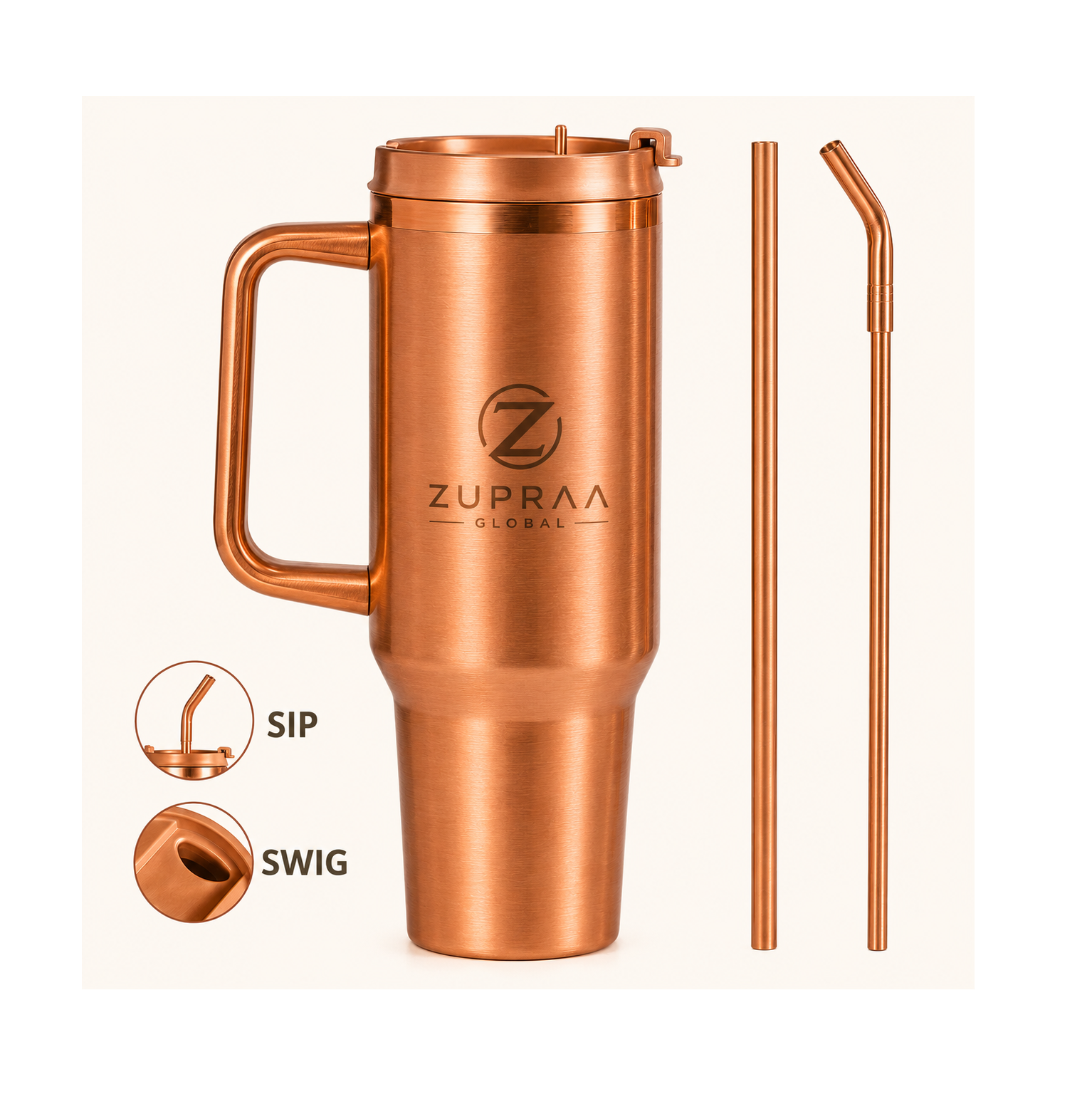 ZUPRAA** Pure Copper Travel Tumbler with Copper Straw & Handle