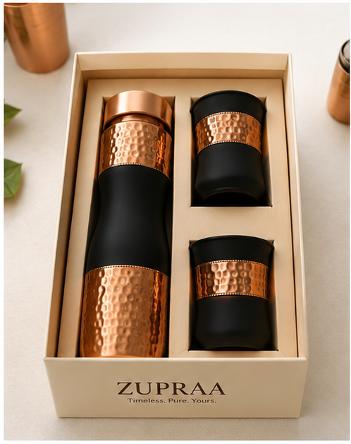 Zupraa™ Premium Pure Copper Water Bottle Gift Set with 2 Copper Glasses | Matte Black Hammered Finish | Leakproof | Handcrafted | Luxury Gift Box