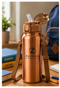 *ZUPRAA* Kids Pure Copper Water Bottle with Straw & Adjustable Shoulder Strap – 500 ml