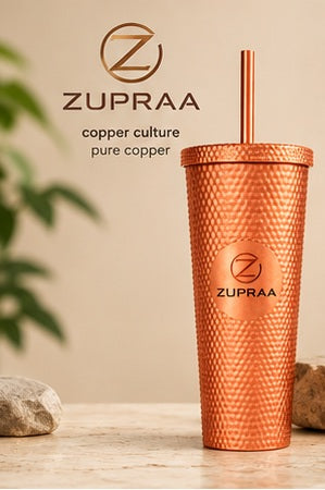 **Zupraa Premium Hammered Copper Tumbler with Lid & Straw – Textured Designer Cup**