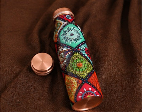 Zupraa Artisan Mandala Copper Water Bottle – Handcrafted Printed Design | 100% Pure Copper | Leak-Proof