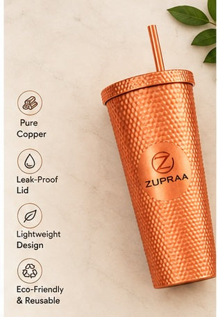 **Zupraa Premium Hammered Copper Tumbler with Lid & Straw – Textured Designer Cup**