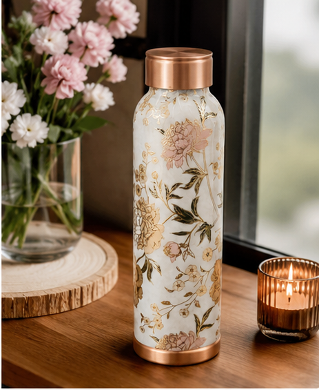 Premium Handcrafted Floral Printed Pure Copper Water Bottle – 1000ml | Ayurvedic Wellness Bottle