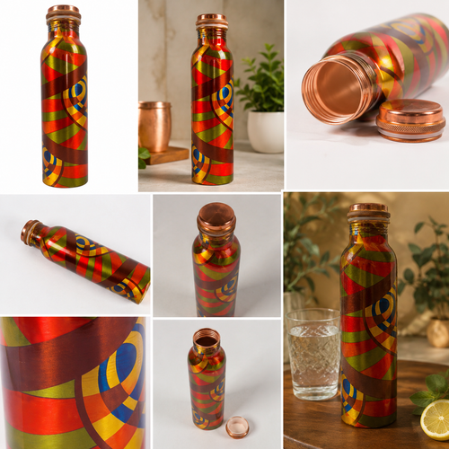Premium Geometric Designer Pure Copper Water Bottle – 1000ml | Leak-Proof Ayurvedic Copper Bottle