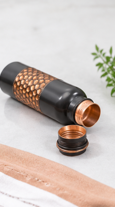 Zupraa™ Premium Matte Black Copper Water Bottle with Honeycomb Copper Grip – Handcrafted Leakproof Bottle