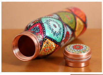 Zupraa Artisan Mandala Copper Water Bottle – Handcrafted Printed Design | 100% Pure Copper | Leak-Proof