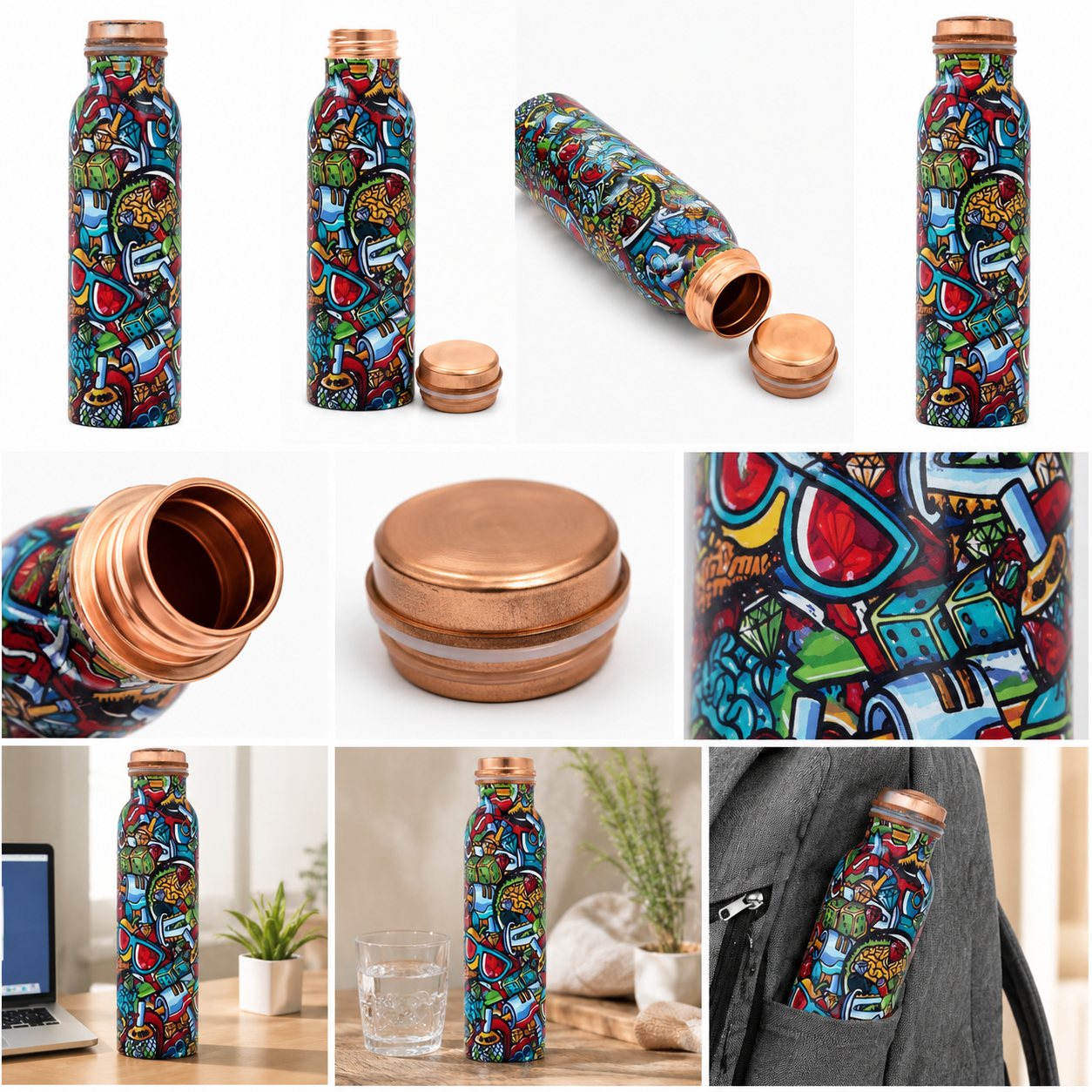 Premium Graffiti Art Printed Pure Copper Water Bottle – 1000ml | Leak-Proof Ayurvedic Copper Bottle