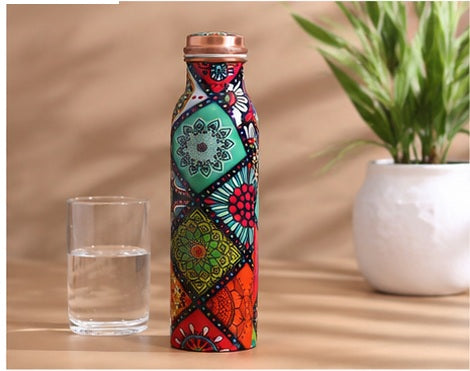 Zupraa Artisan Mandala Copper Water Bottle – Handcrafted Printed Design | 100% Pure Copper | Leak-Proof