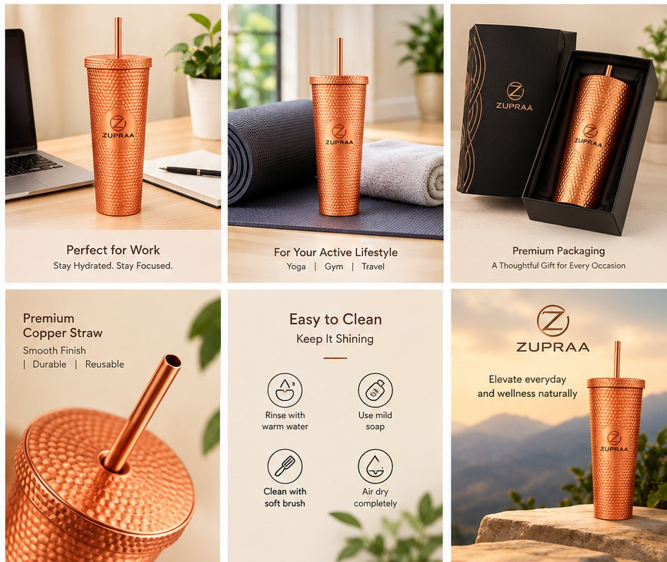**Zupraa Premium Hammered Copper Tumbler with Lid & Straw – Textured Designer Cup**