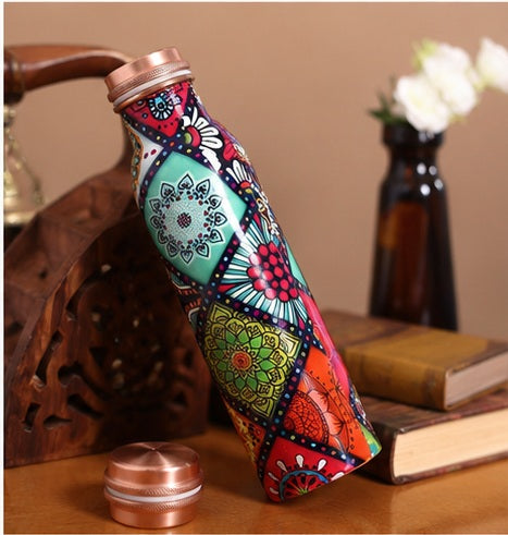 Zupraa Artisan Mandala Copper Water Bottle – Handcrafted Printed Design | 100% Pure Copper | Leak-Proof