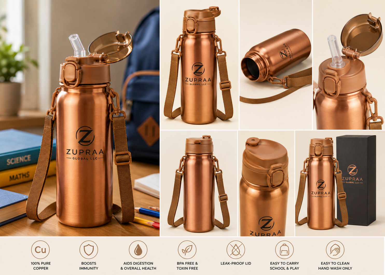 *ZUPRAA* Kids Pure Copper Water Bottle with Straw & Adjustable Shoulder Strap – 500 ml