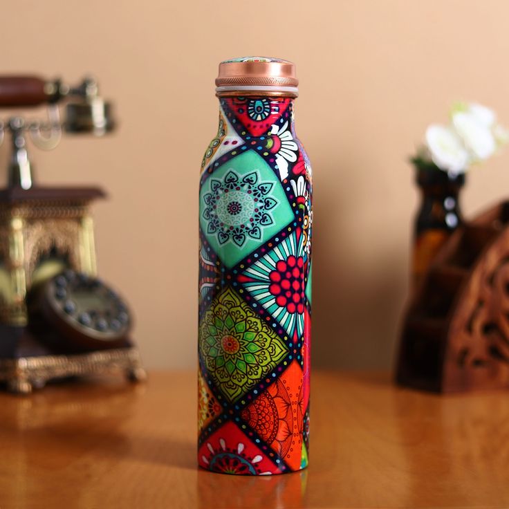 Zupraa Artisan Mandala Copper Water Bottle – Handcrafted Printed Design | 100% Pure Copper | Leak-Proof