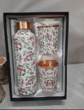 Premium Floral Printed Pure Copper Water Bottle Gift Set – 1000ml Bottle with 2 Copper Glasses | Luxury Gift Box
