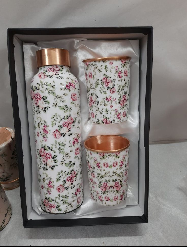 Premium Floral Printed Pure Copper Water Bottle Gift Set – 1000ml Bottle with 2 Copper Glasses | Luxury Gift Box