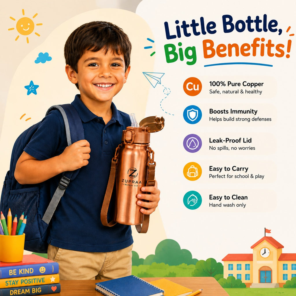 ZUPRAA Kids Pure Copper Water Bottle with Straw & Adjustable Shoulder Strap – 500 ml