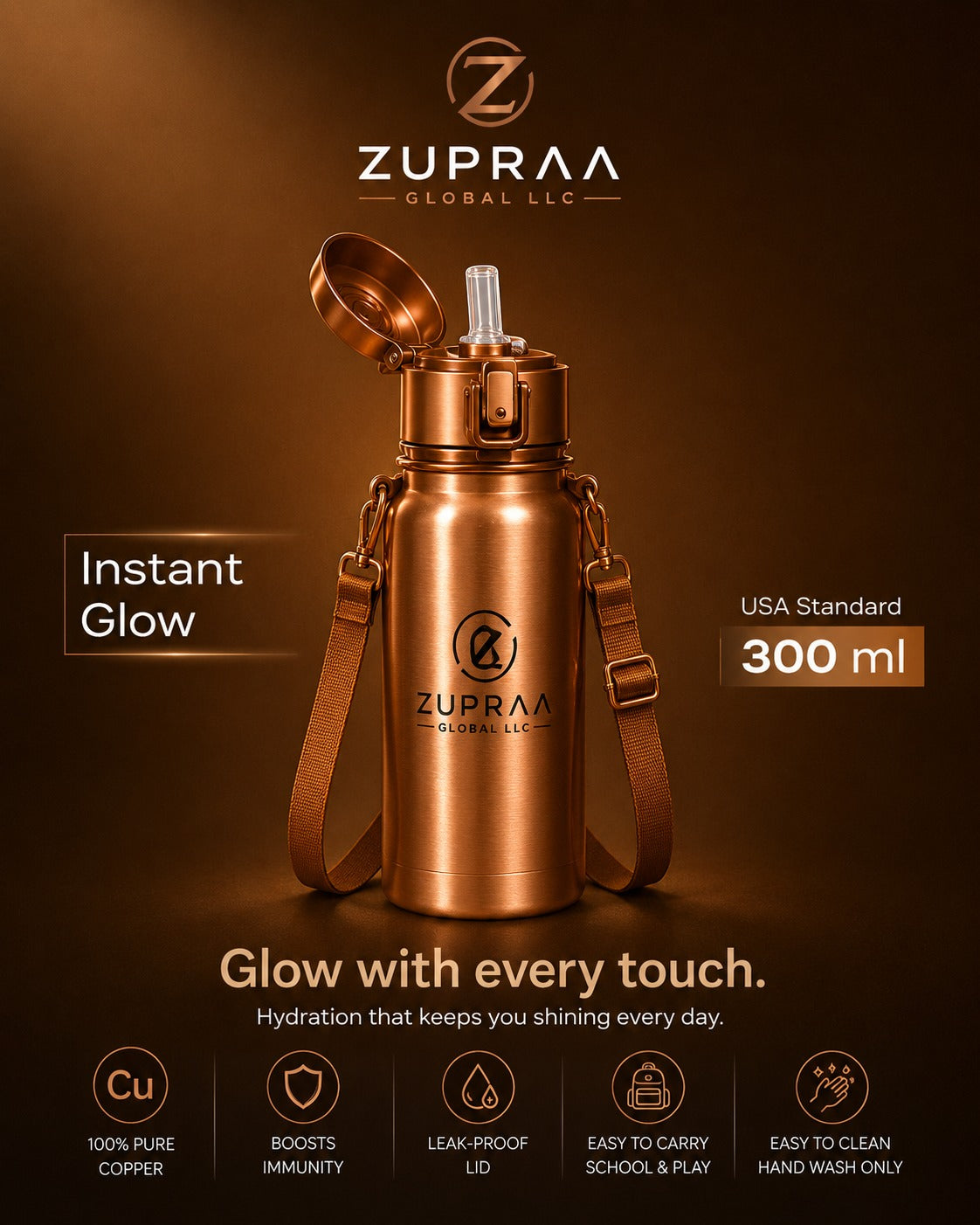 ZUPRAA Kids Pure Copper Water Bottle with Straw & Adjustable