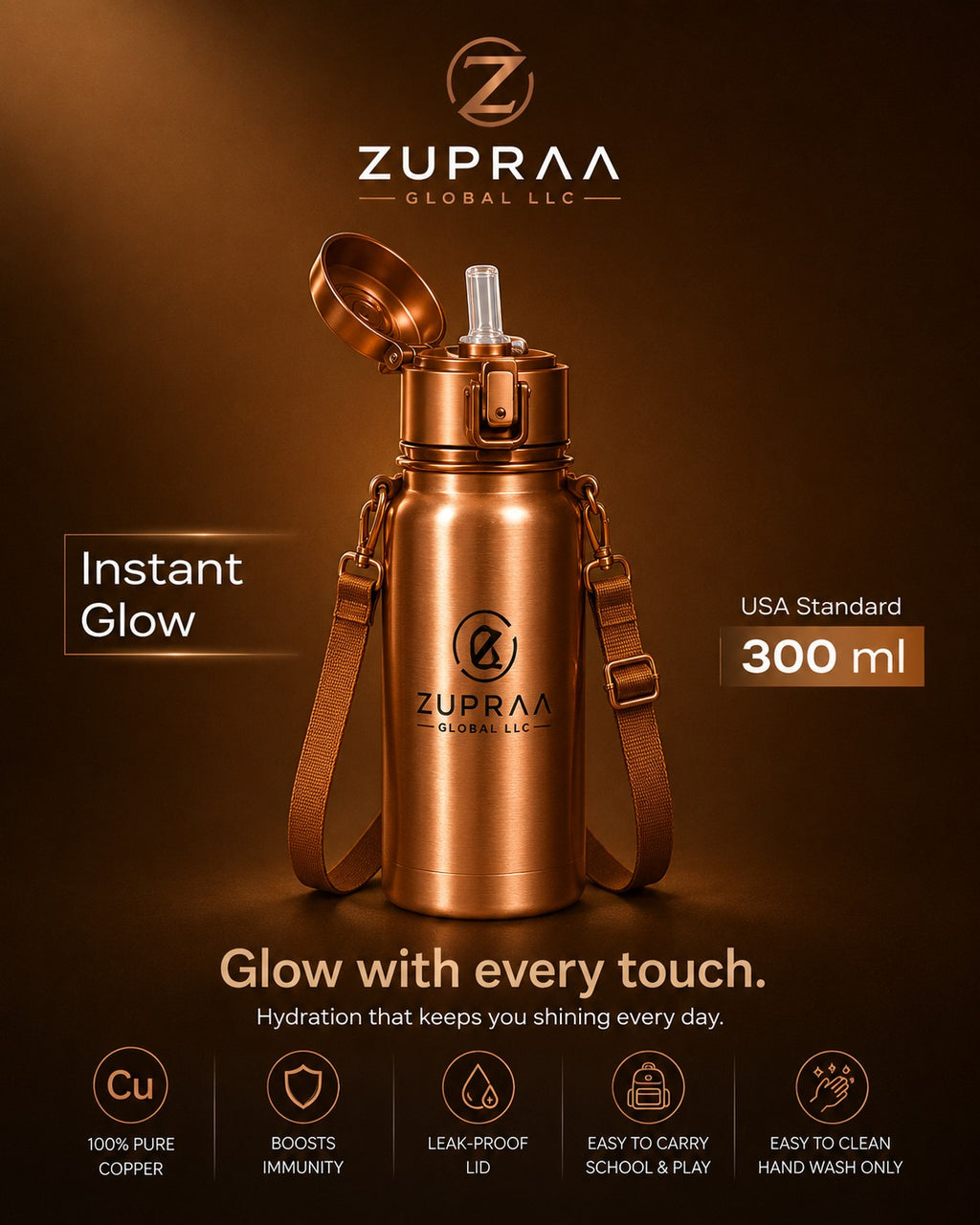 ZUPRAA Kids Pure Copper Water Bottle with Straw & Adjustable Shoulder Strap – 500 ml