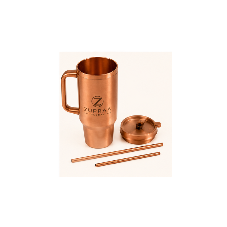 **ZUPRAA**  Pure Copper Travel Tumbler with Copper Straw & Handle – 1200 ml