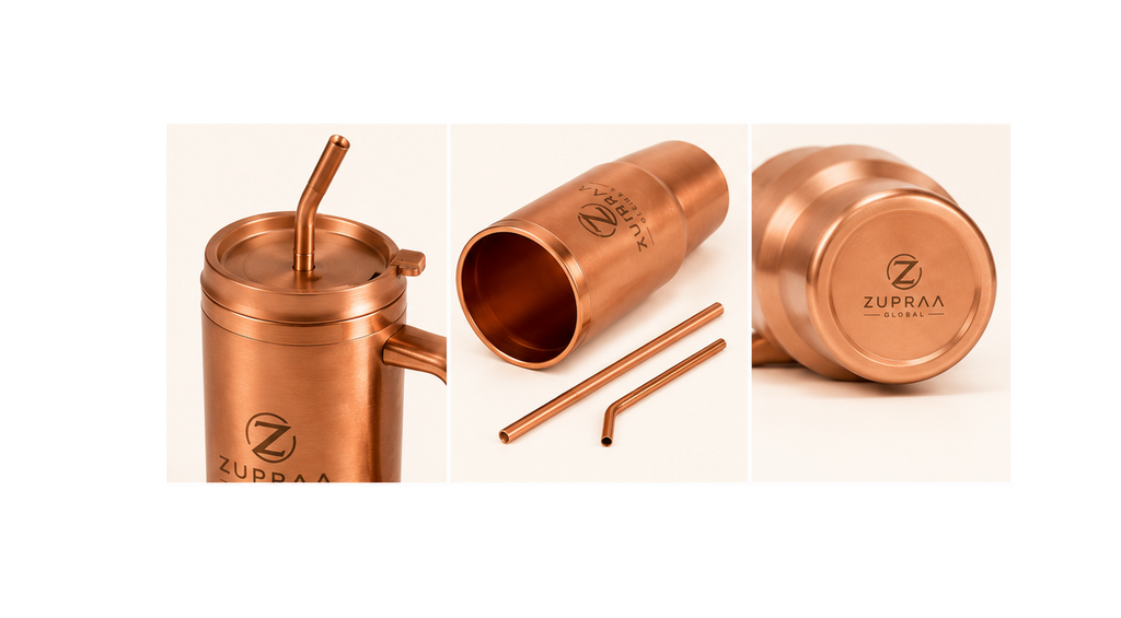 **ZUPRAA**  Pure Copper Travel Tumbler with Copper Straw & Handle – 1200 ml