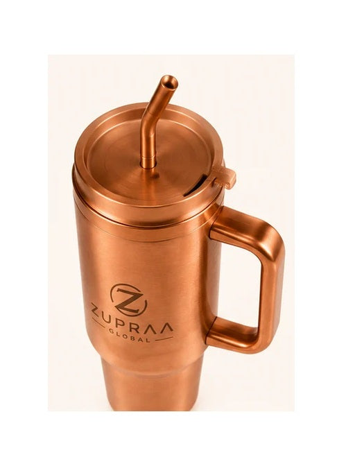 **ZUPRAA**  Pure Copper Travel Tumbler with Copper Straw & Handle – 1200 ml